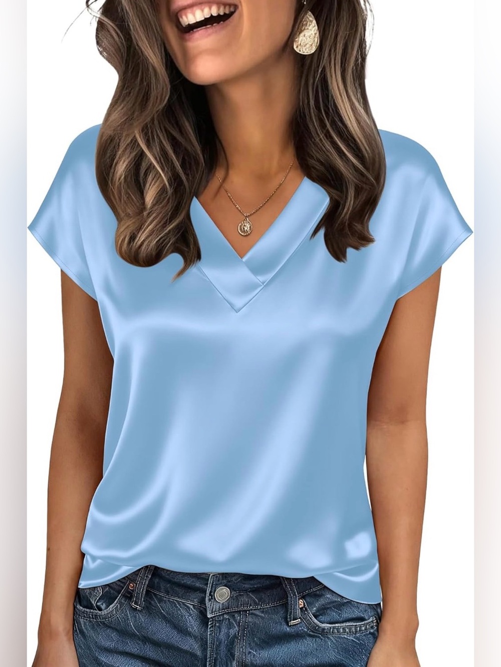 Light Blue V-Neck Satin Women’s Top - Size Large